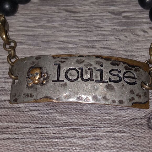 Vintage Rustic Louise Nameplate Bracelet With Skull Beads Art Deco Gothic Tribal - Picture 2 of 6